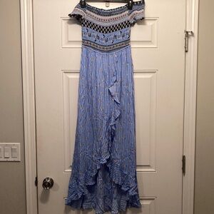 Candie's Blue and Pink Off-Shoulder Dress with Built-in Shorts